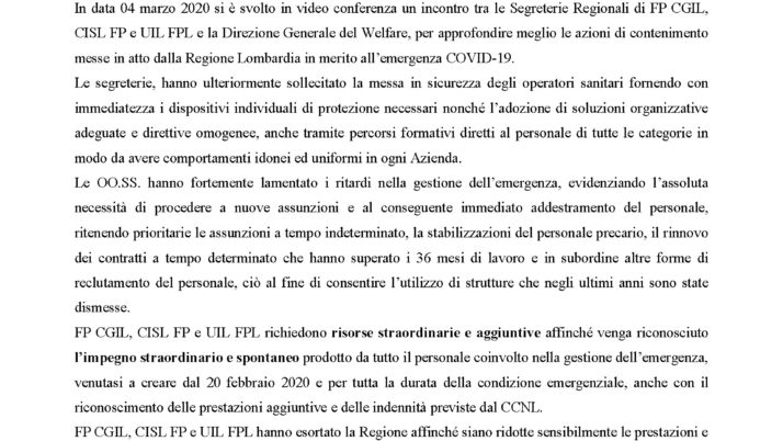 COMUNICATO STAMPA “Trattativa con la Direzione Generale del Welfare situazione Covid-19”