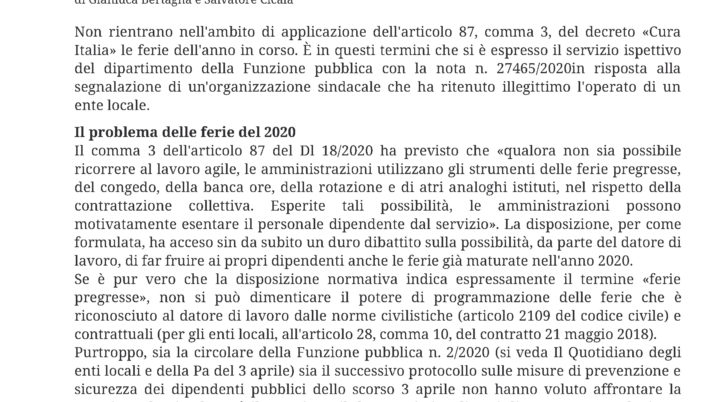 Coronavirus – La Funzione pubblica esclude le ferie del 2020 dall’ambito del Dl «Cura Italia»